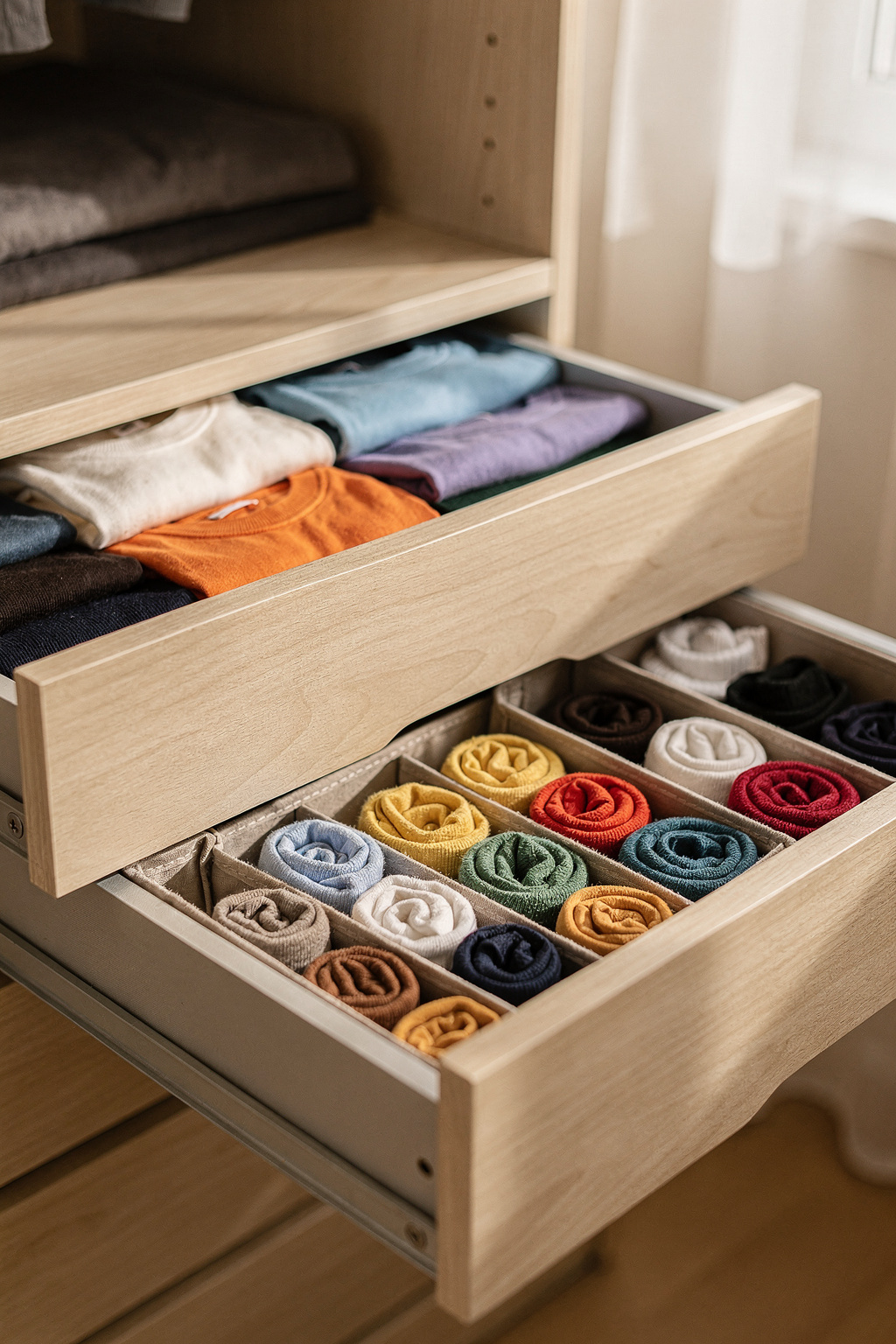 Schubladen mit Facheinteilern zeigen gefaltete T-Shirts und Socken übersichtlich geordnet in einem Schlafzimmer.
