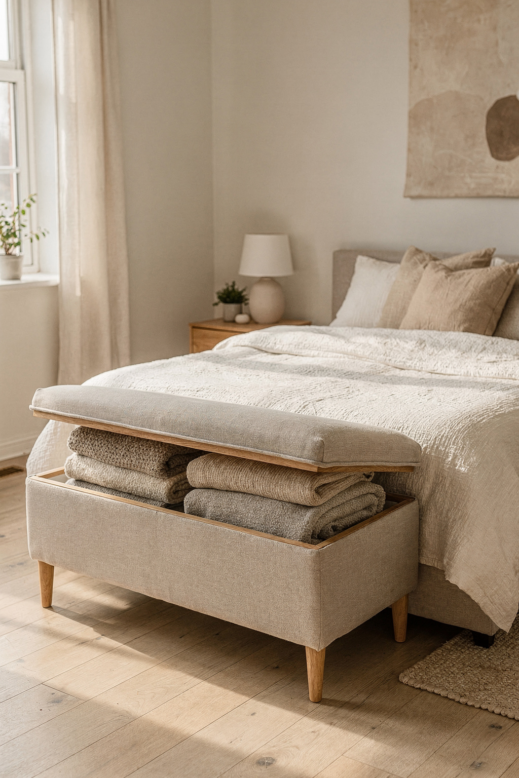 Kompakte Sitztruhe am Fußende eines Bettes als Stauraum für kleine Schlafzimmer.