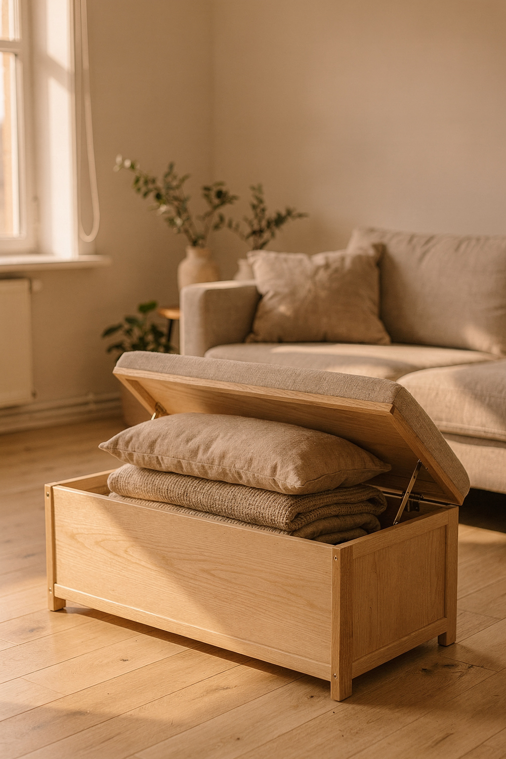 Eine Sitztruhe mit Stauraum im Wohnzimmer, Deckel geöffnet mit gefalteten Decken.