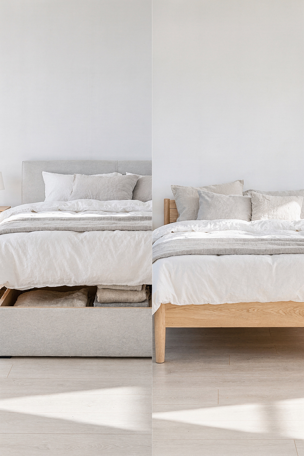 Boxspringbett mit Bettkasten neben einem normalen Bettrahmen im direkten Vergleich in einem hellen Schlafzimmer.