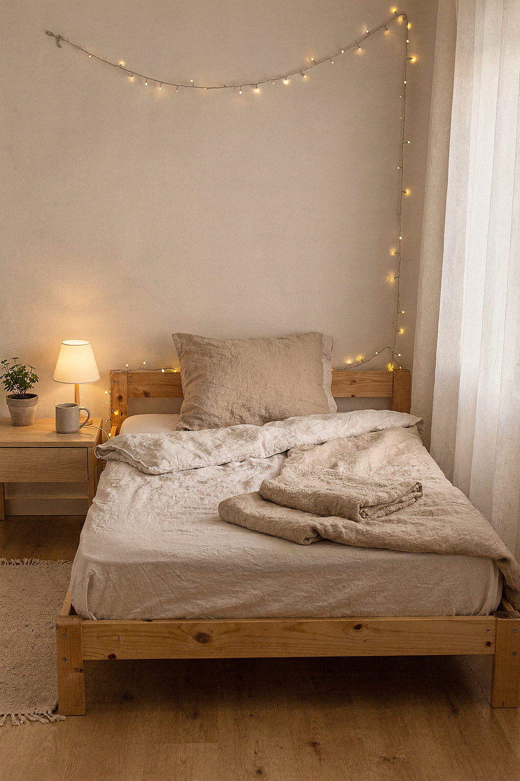 Ein kleines Schlafzimmer mit Plattformbett, Holznachttisch und Lichterkette über dem Kopfteil.