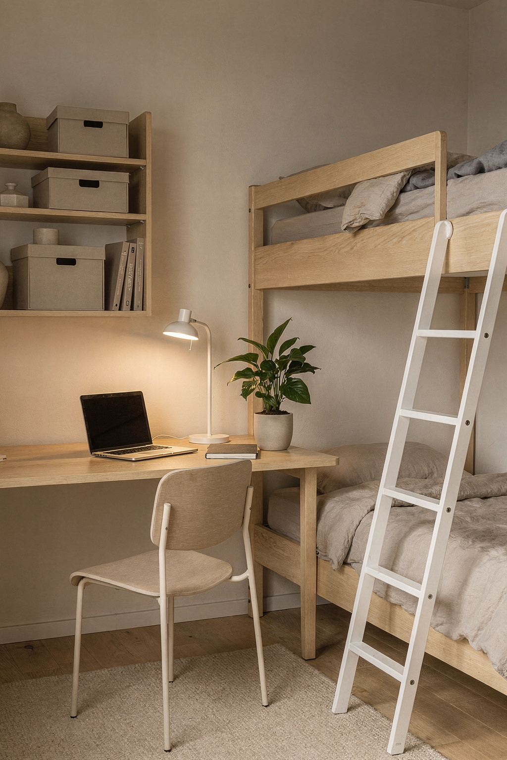 Kleines Studentenzimmer mit multifunktionalen Möbeln, Stauraum unter dem Bett und aufgeräumtem Schreibtischbereich.