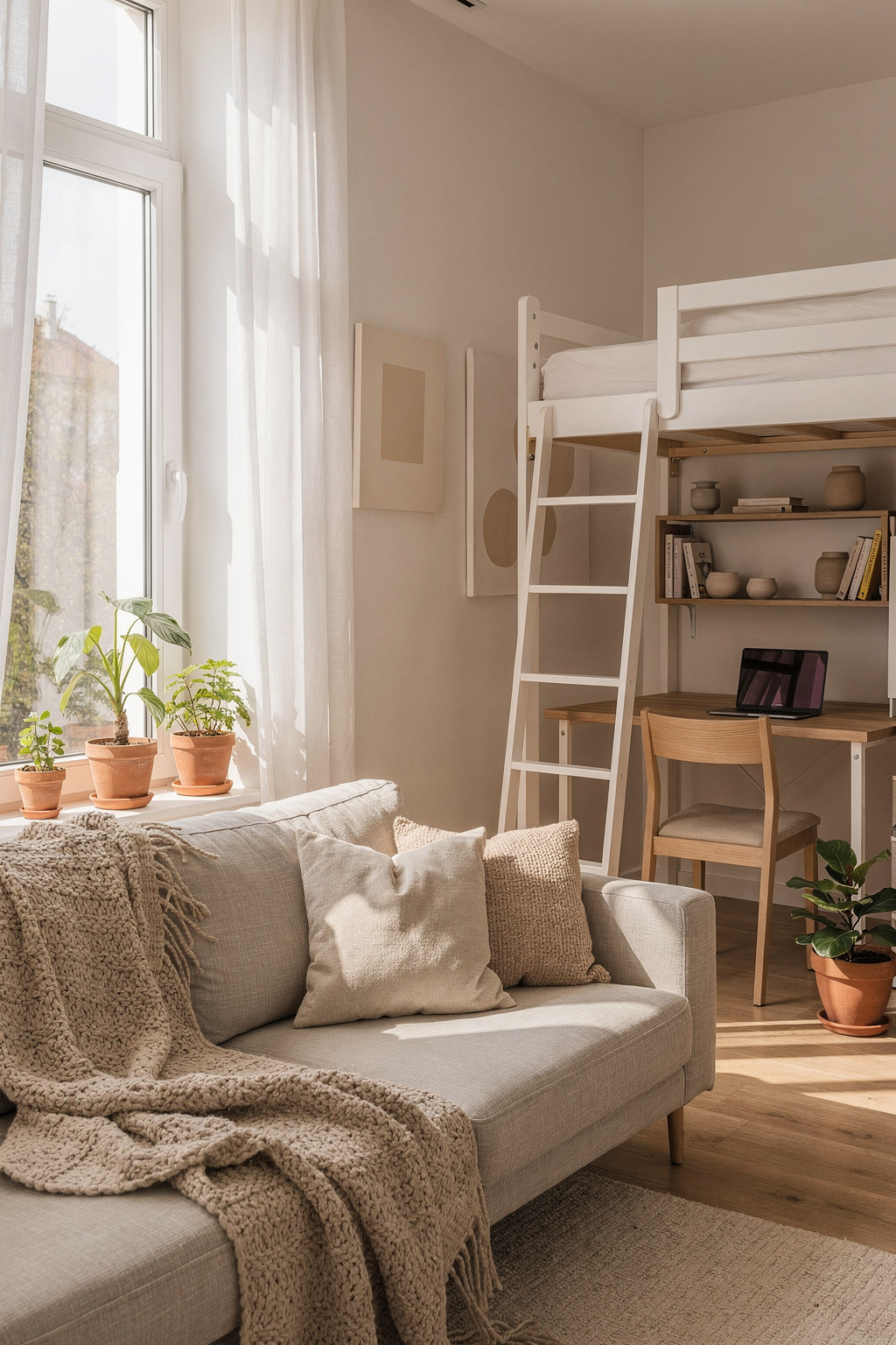 Helles Studio Apartment in München mit Hochbett und kleinem Schreibtisch unter dem Bett.