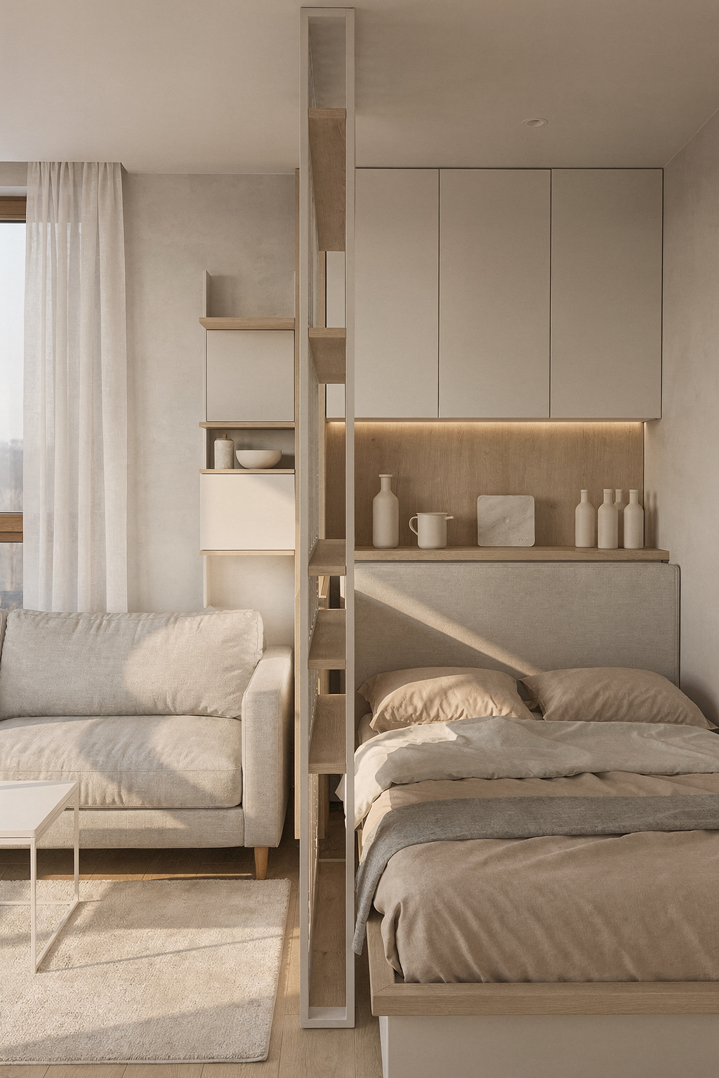 Kleines Studio Apartment mit platzsparender Einrichtung, Raumteiler und offener Küchenzeile.