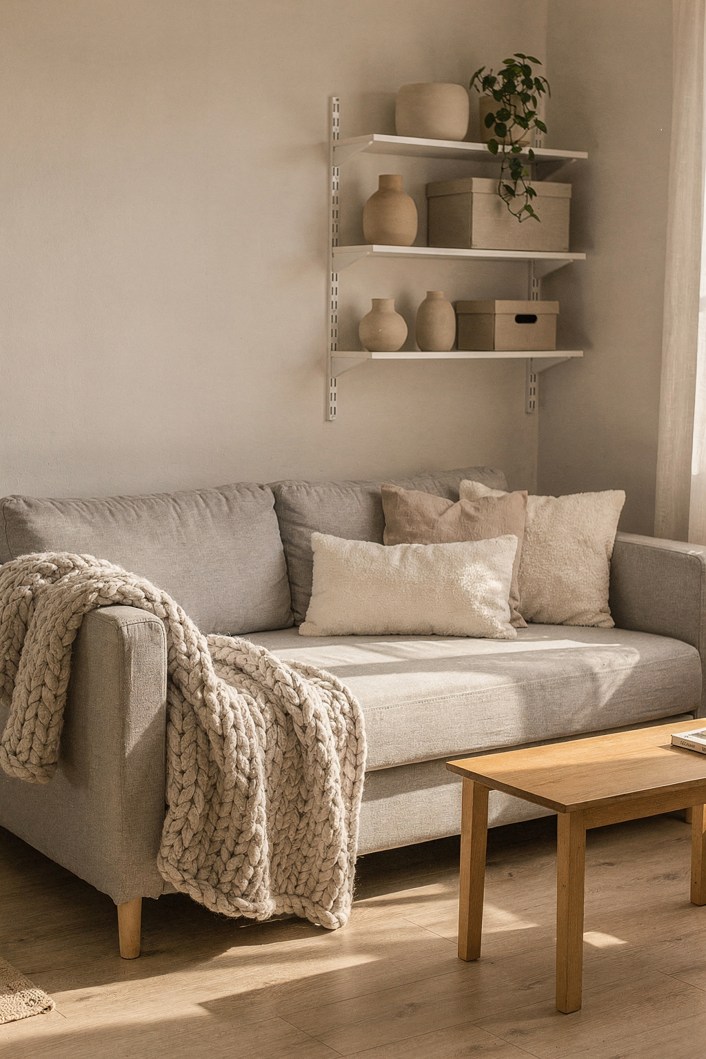 Ein kompaktes Wohn-Schlafzimmer mit Schlafsofa als Mittelpunkt, hellen Farben und minimalem Skandinavian-Stil.