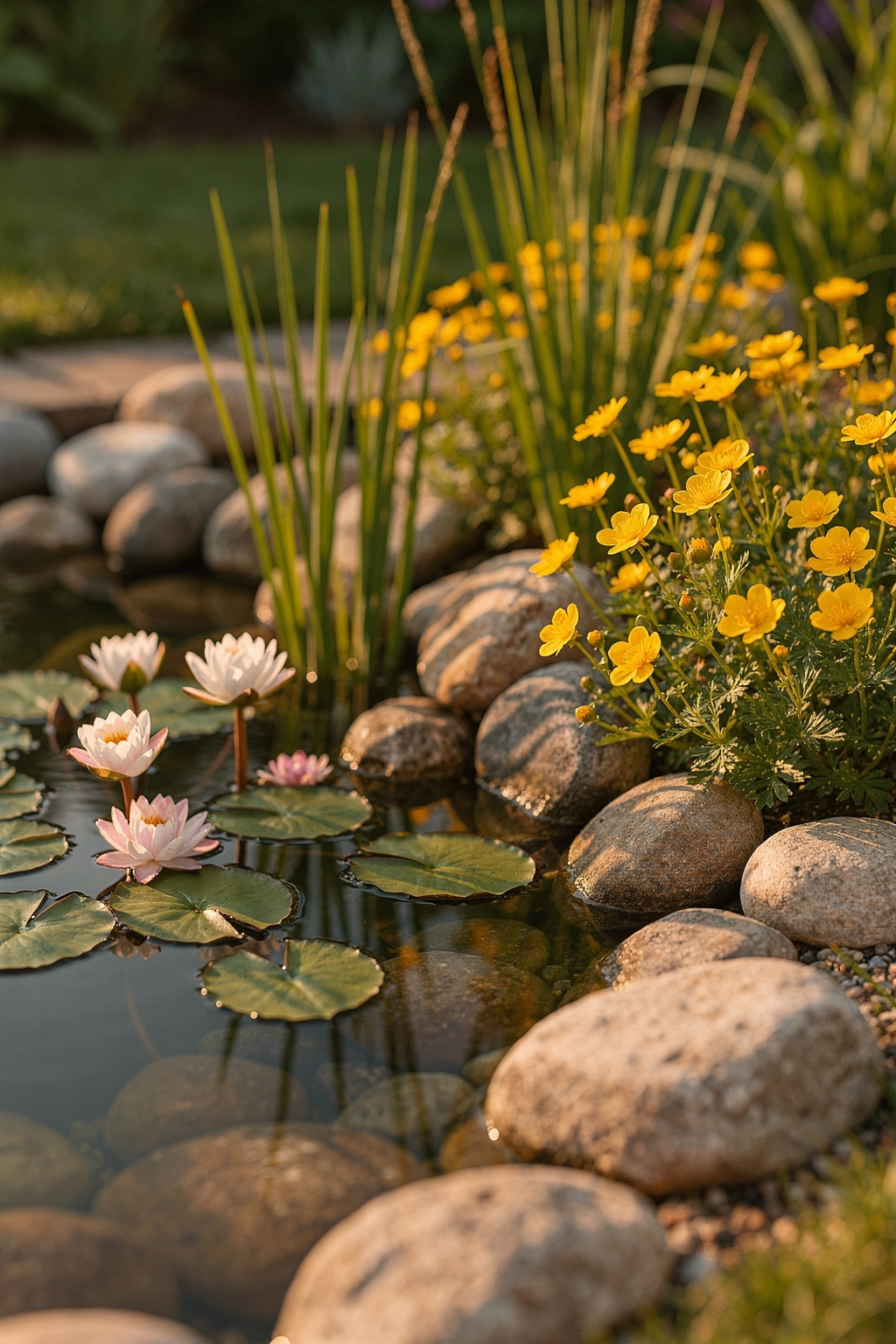 Wasserpflanzen wie Seerosen und Sumpfdotterblumen am Rand eines kleinen Gartenteichs.