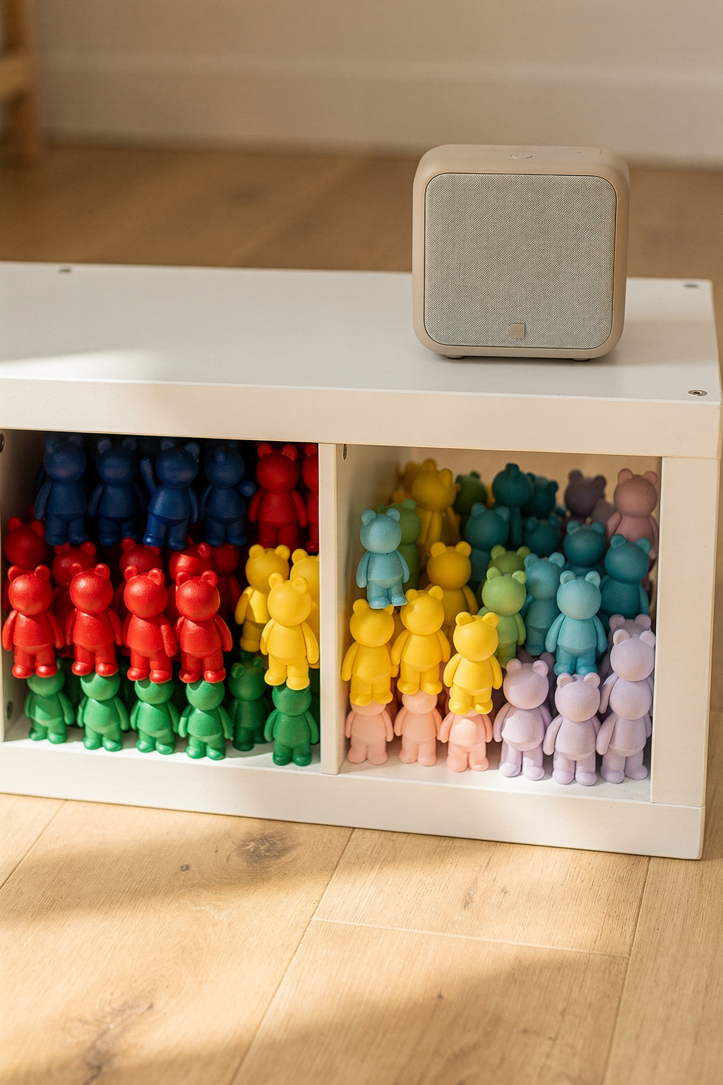 Nahaufnahme eines DIY Tonie Regals aus IKEA Teilen mit sortierten bunten Figuren im Kinderzimmer.