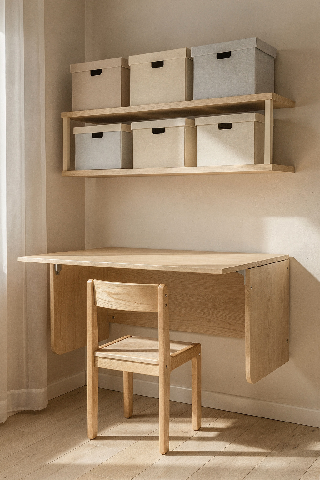 Kinderzimmer mit wandmontiertem Schreibtisch und Regalen, die Platz auf dem Boden sparen.