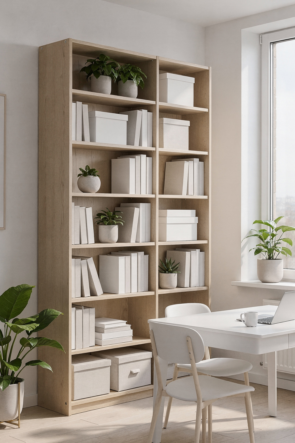 Ein aufgeräumtes Arbeitszimmer mit offenem Regal aus hellem Holz, gefüllt mit Büchern und kleinen Aufbewahrungsboxen.