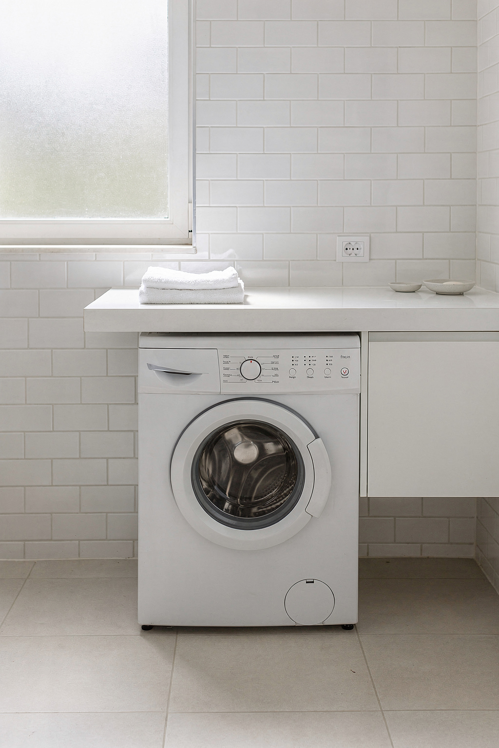 Eine Waschmaschine ist platzsparend unter einer Arbeitsplatte im kleinen Bad eingebaut.