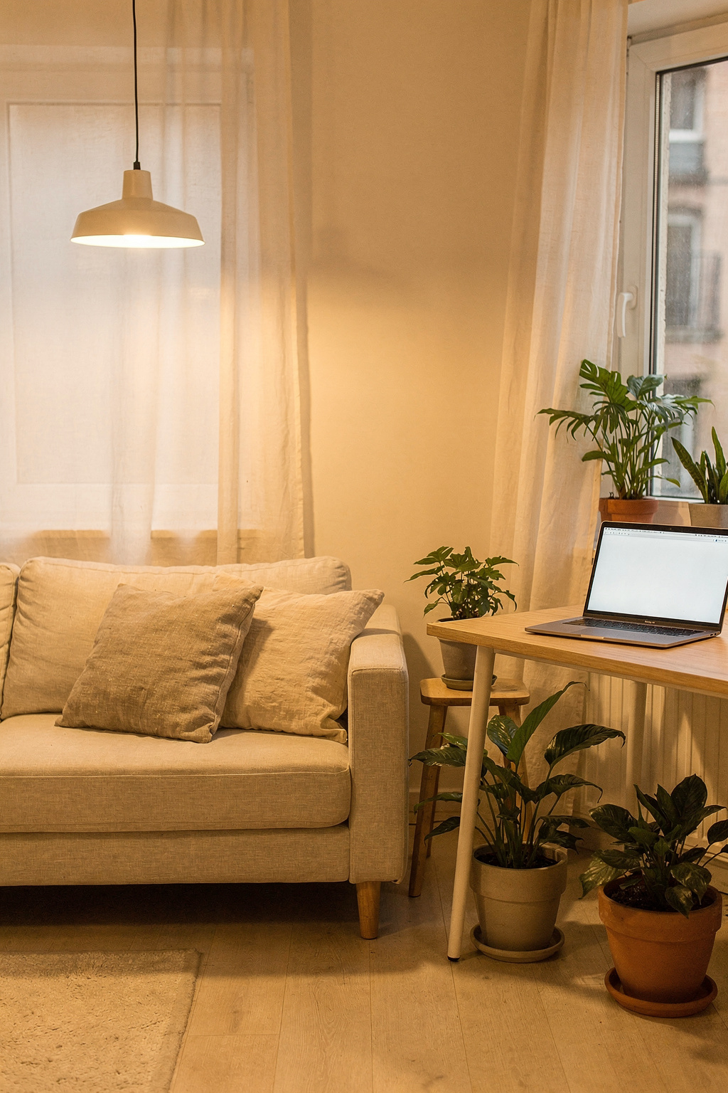 Helles Wohnzimmer einer WG für Berufstätige mit Sofa, Schreibtisch und Zimmerpflanzen.