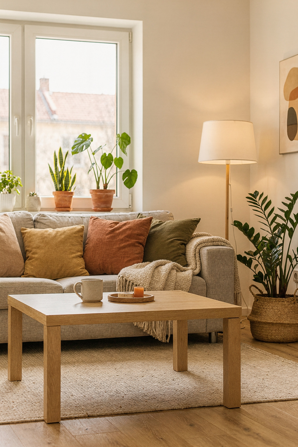 Ein helles WG Wohnzimmer mit gemütlicher Couch, Holztisch und Pflanzen zeigt harmonisches Zusammenleben.