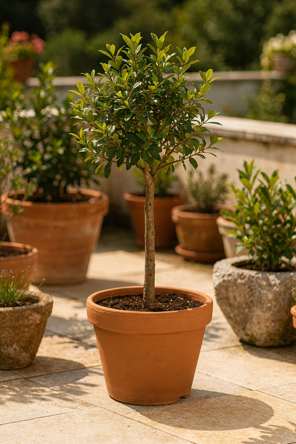 Kleiner Baum in einem Terrakottatopf auf einer Gartenterrasse, umgeben von weiteren Kübelpflanzen.