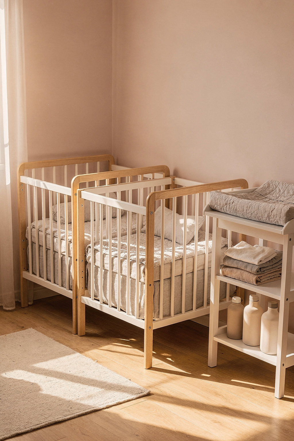 Zwei identische Babybetten stehen nebeneinander in einem hellen Kinderzimmer für Zwillinge.