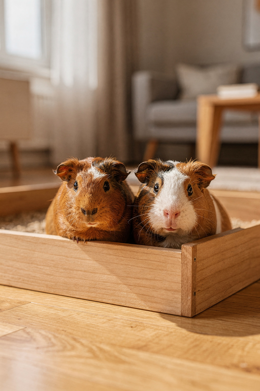 Zwei Meerschweinchen in einem geräumigen Gehege auf Holzboden einer modernen Wohnung.