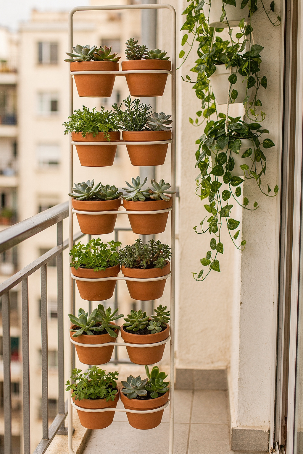 Schmaler Balkon mit vertikalem Pflanzenregal und hängenden Töpfen, platzsparend begrünt.