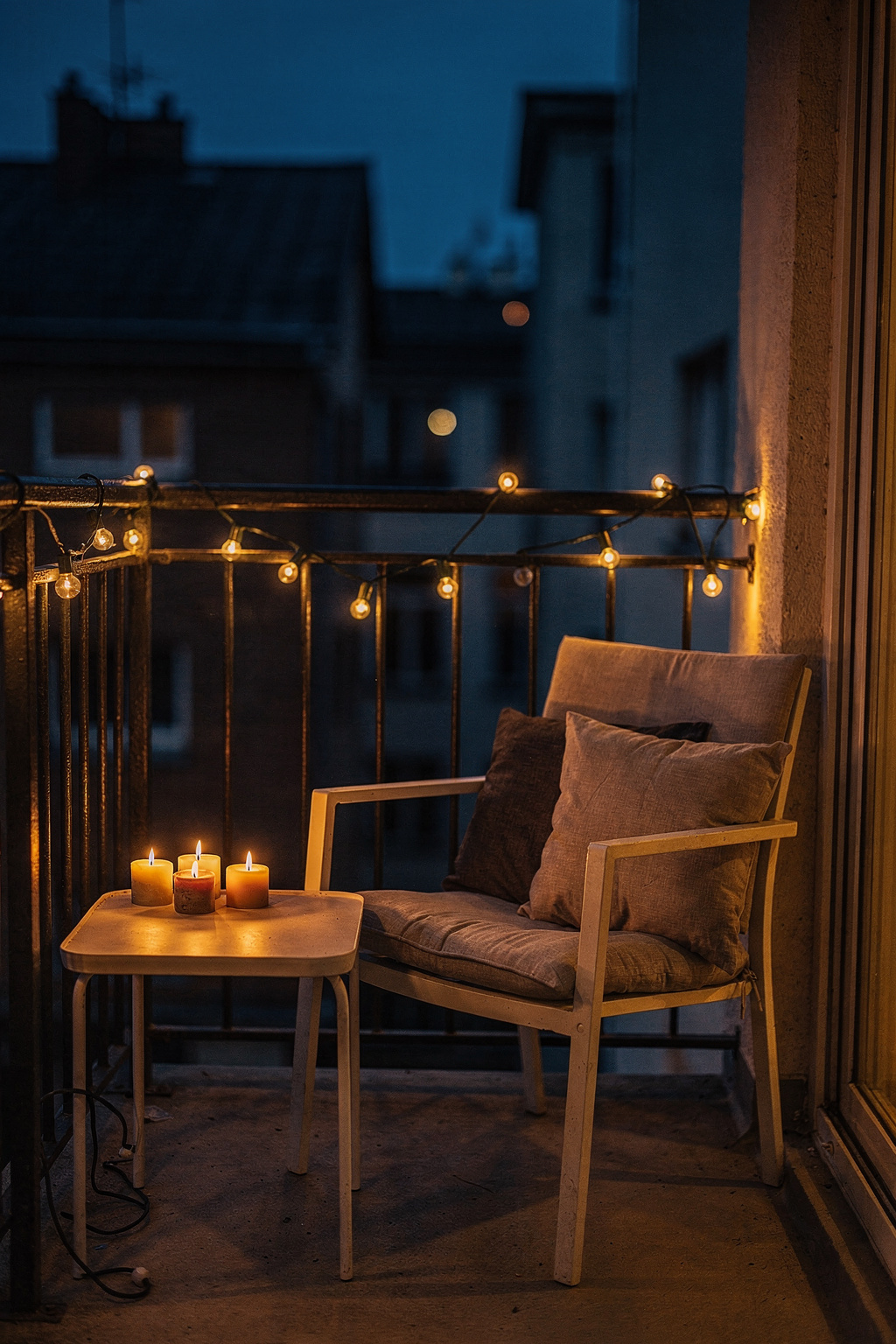 Kleine Balkon Lounge mit Lichterkette und Kerzen für eine gemütliche Abendatmosphäre.