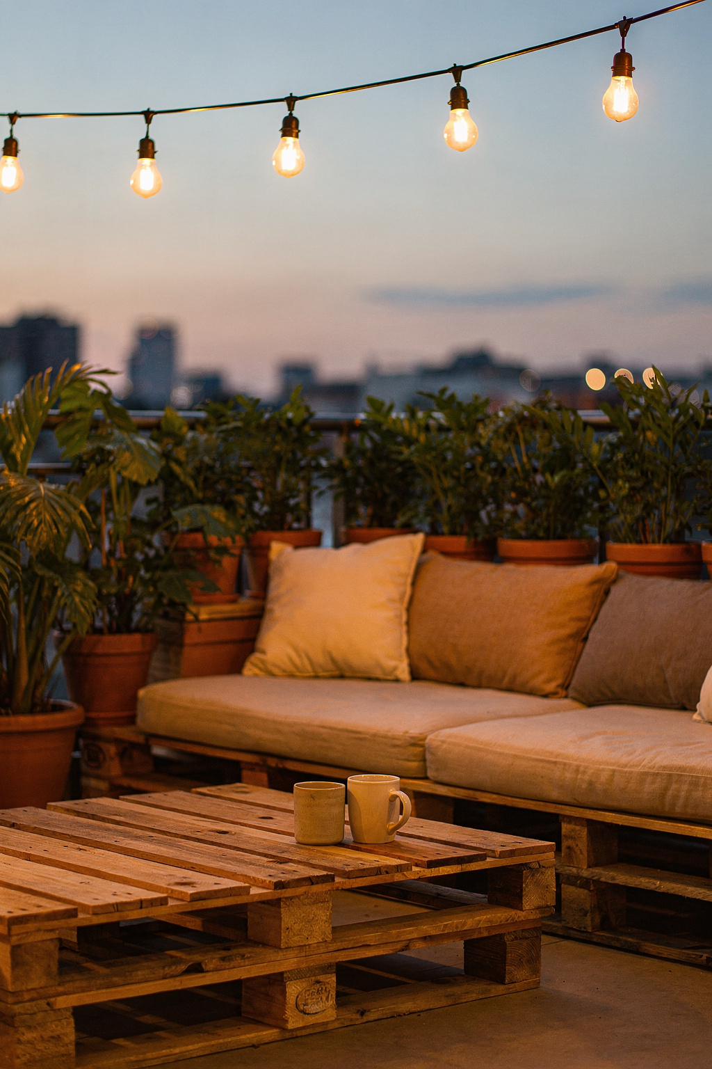 Balkon mit hängenden Lichterketten, Sitzecke aus Palettenmöbeln und grünen Pflanzen als Sichtschutz.