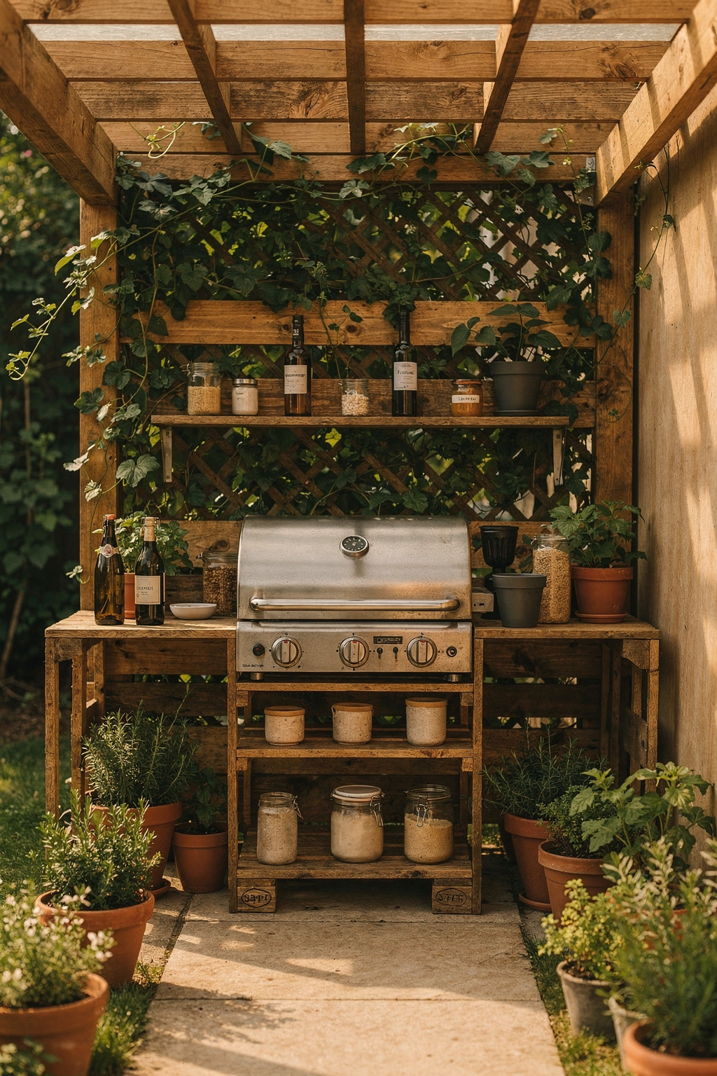 Ein kleines überdachtes Grillbereich mit Paletten-Küche und Rankpflanzen auf einer engen Terrasse.