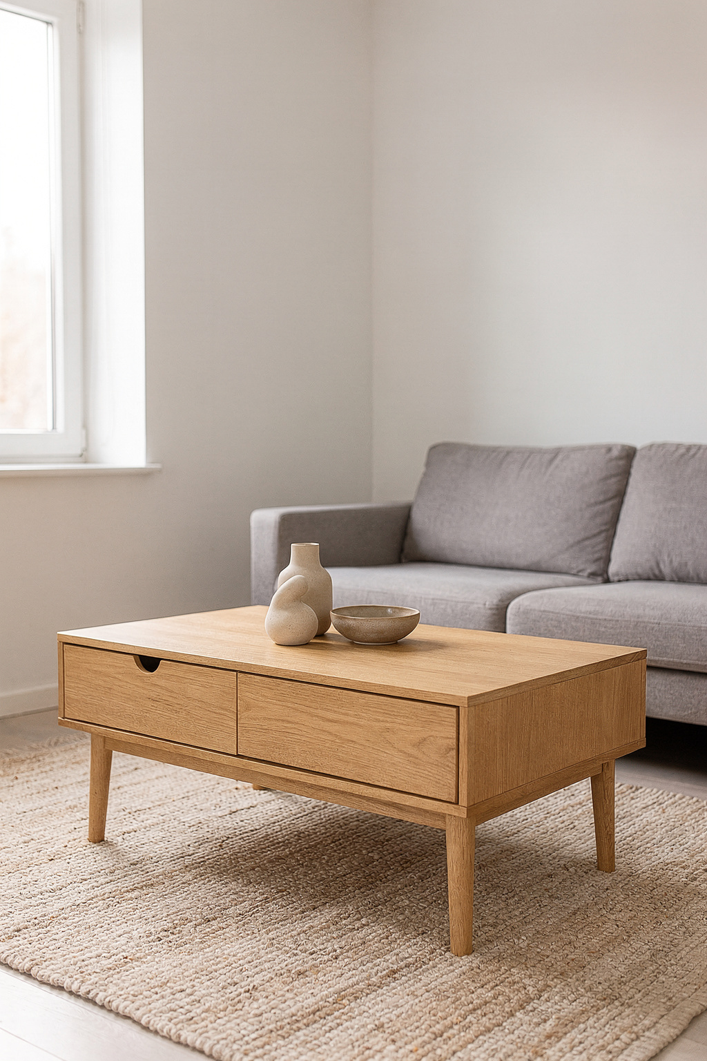 Kleiner Couchtisch mit Stauraum in einem kompakten Wohnzimmer mit Skandinavischem Stil.