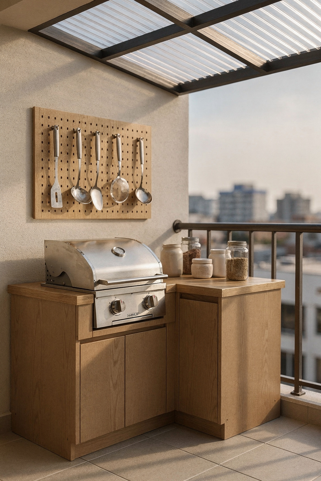 Eine kleine überdachte Outdoor Küche auf einem Balkon mit Mini-Grill und Holzarbeitsplatte im Sonnenlicht.