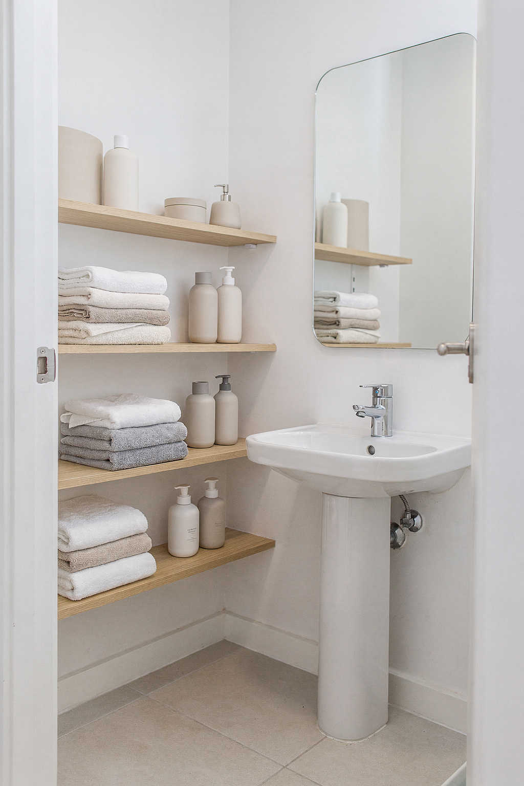 Kleines Badezimmer mit cleverer Raumaufteilung, offenen Wandregalen und gefalteten Handtüchern in neutralen Farbtönen.