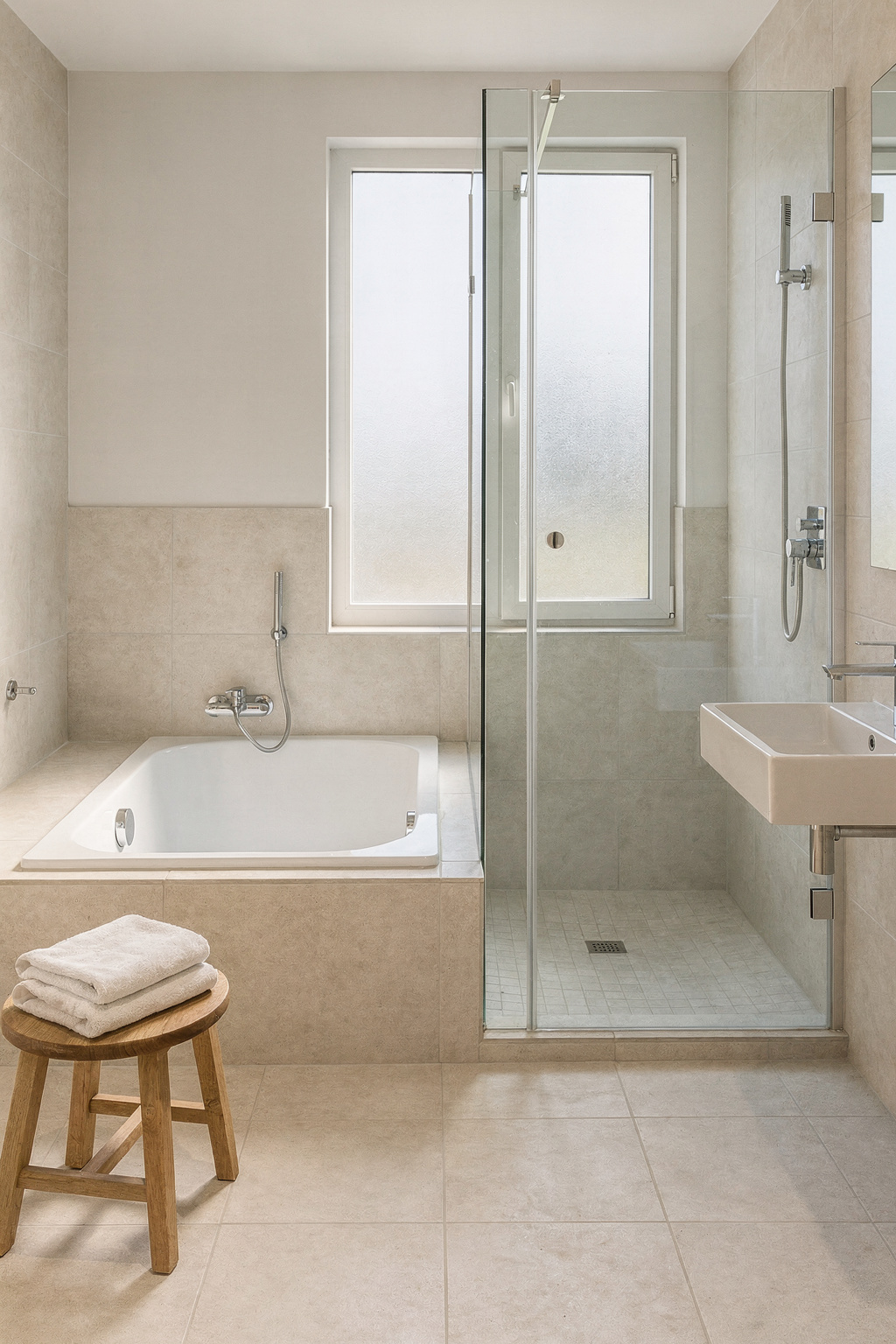 Nischenlösung im kleinen Bad: Dusche und Badewanne platzsparend nebeneinander angeordnet.