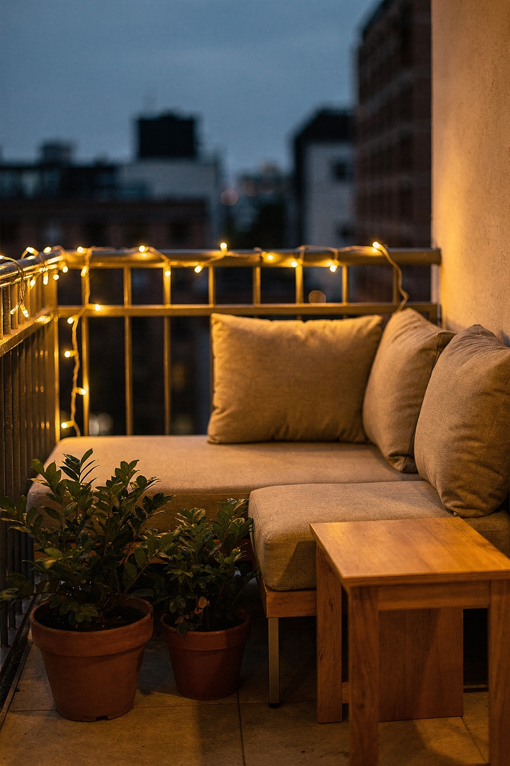 Ecklounge auf einem Stadtbalkon mit Lichterkette und Pflanzen bei Abenddämmerung.