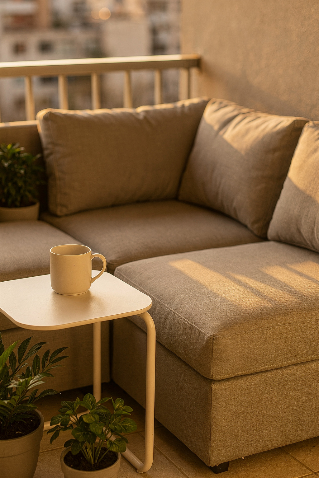 Eine kompakte Ecklounge auf einem kleinen Balkon mit Kissen und einer Tasse auf dem Beistelltisch.