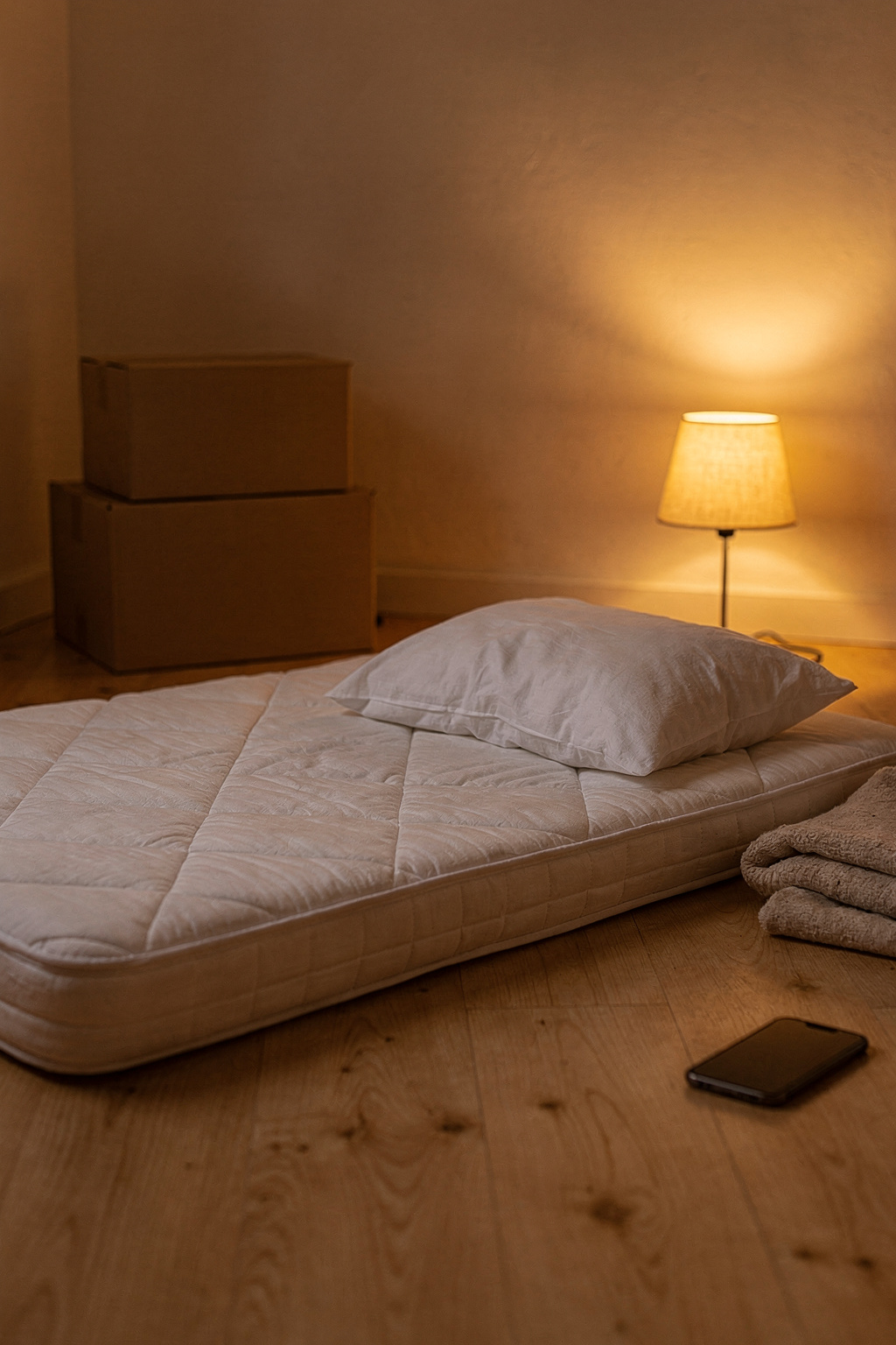 Eine Matratze auf dem Boden mit frischer weißer Bettwäsche und einer kleinen Lampe daneben für die erste Nacht.