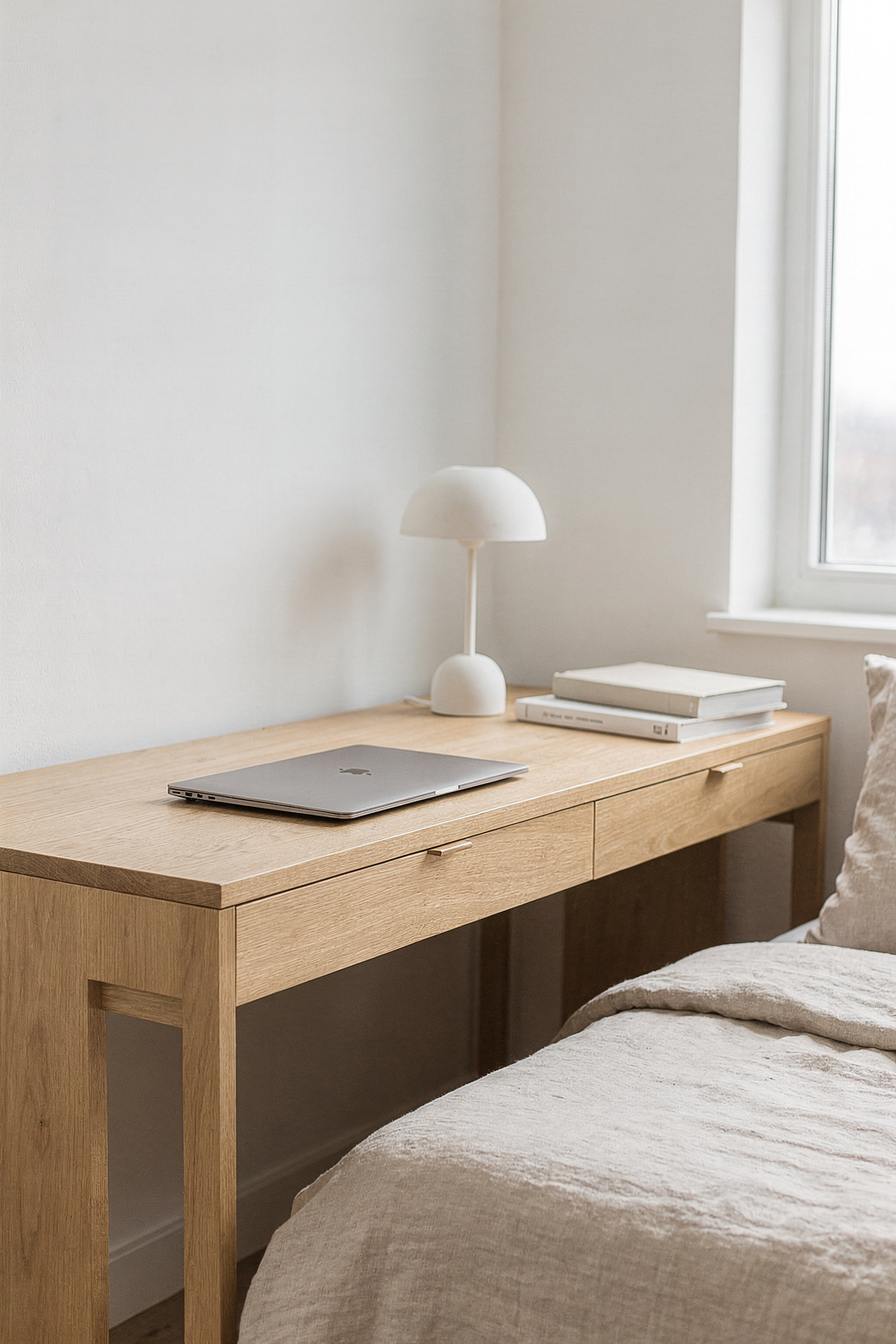 Ein schmaler Schreibtisch im Schlafzimmer mit Laptop und kleiner Lampe zeigt ein einfaches Homeoffice Setup.