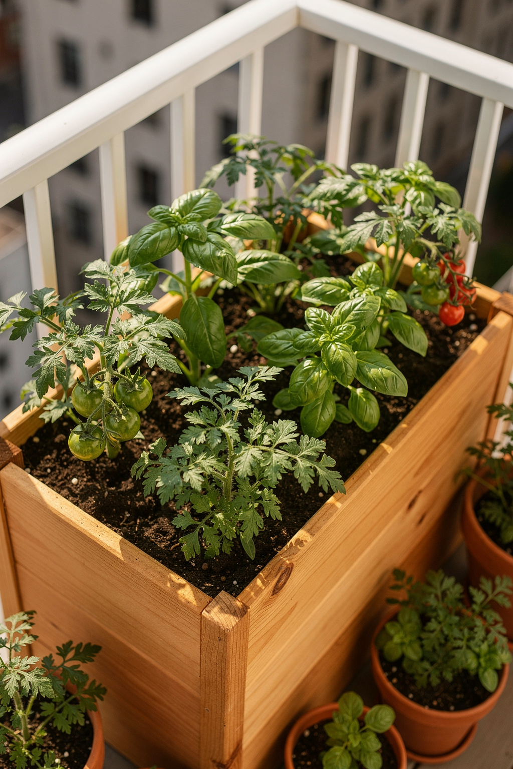 Kleines Hochbeet auf einem Stadtbalkon mit Kräutern und Gemüse in einer hellen Holzkiste.