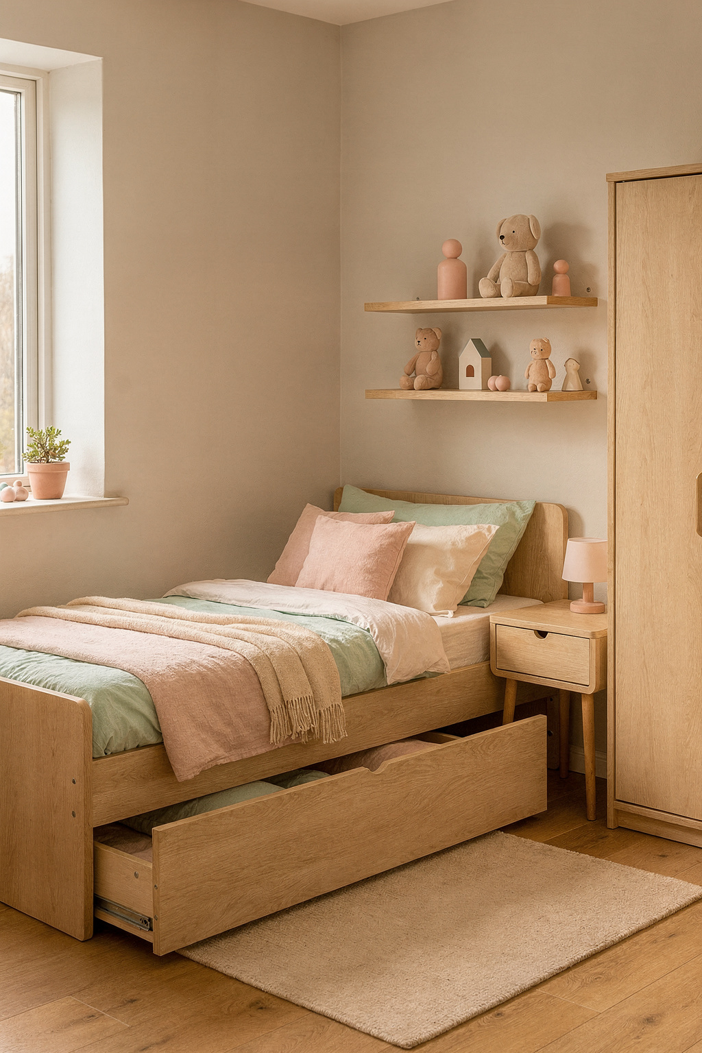 Ein platzsparendes Kinderbett aus hellem Holz in einem kleinen Kinderzimmer mit aufgeräumter, minimaler Einrichtung.