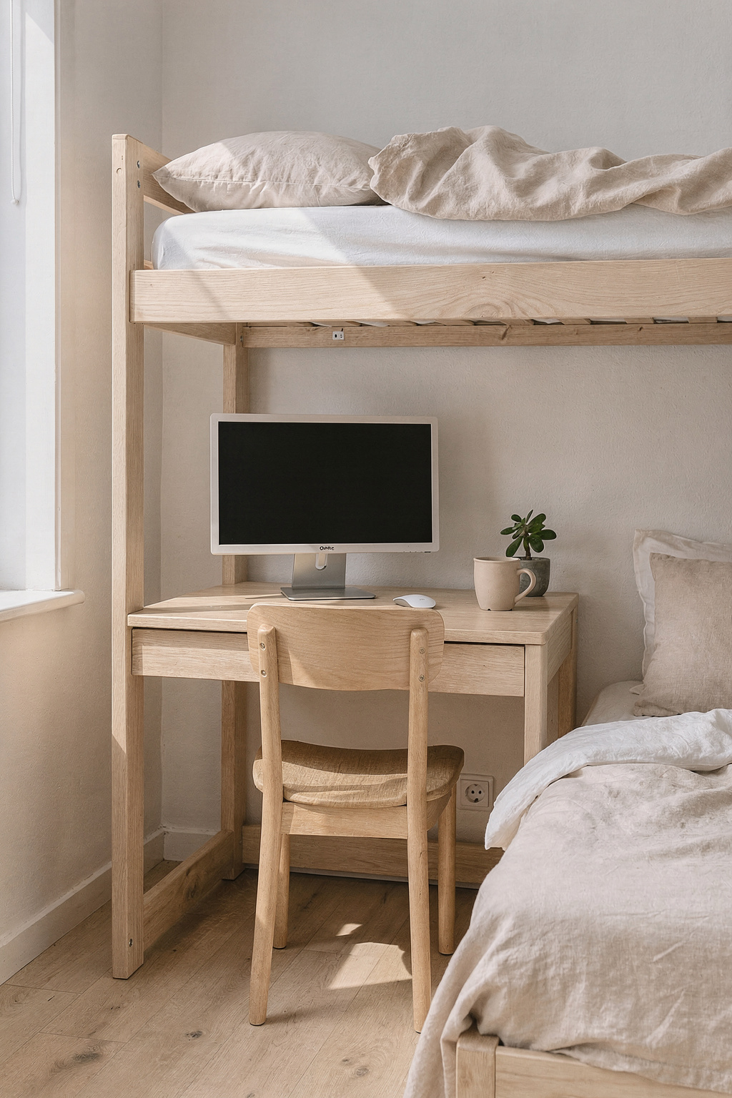 Ein kleines Schlafzimmer mit integriertem Schreibtisch unter einem Hochbett, hell und aufgeräumt eingerichtet.