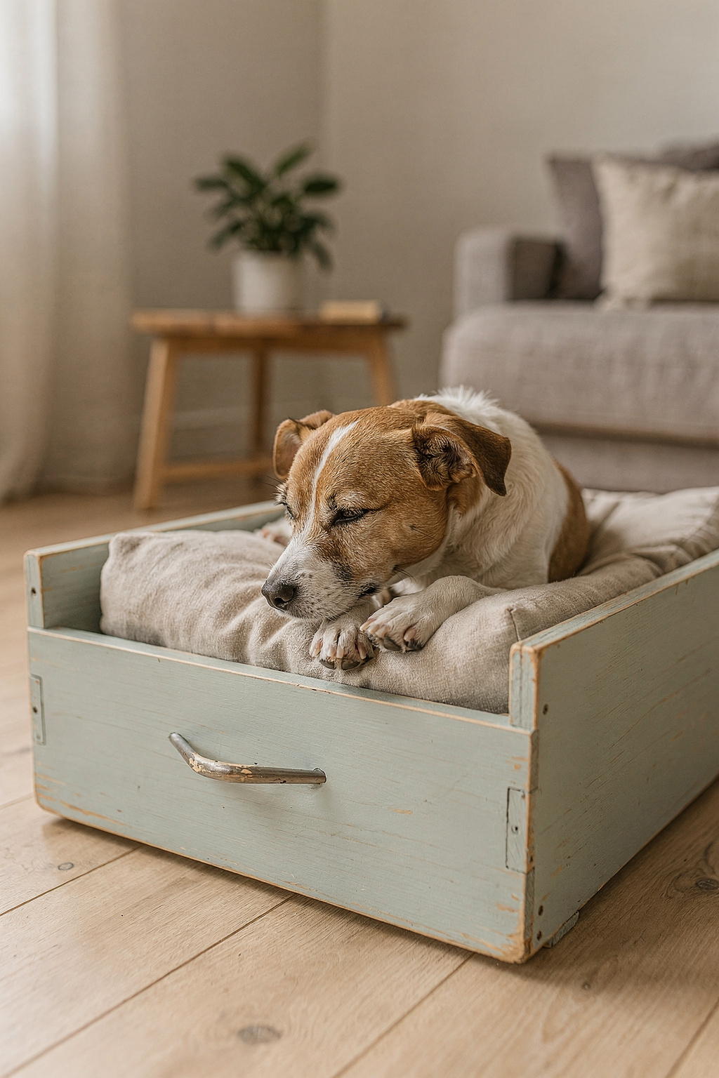 Ein selbst gebautes Hundebett aus einer alten IKEA Schublade mit weichem Kissen auf dem Boden.