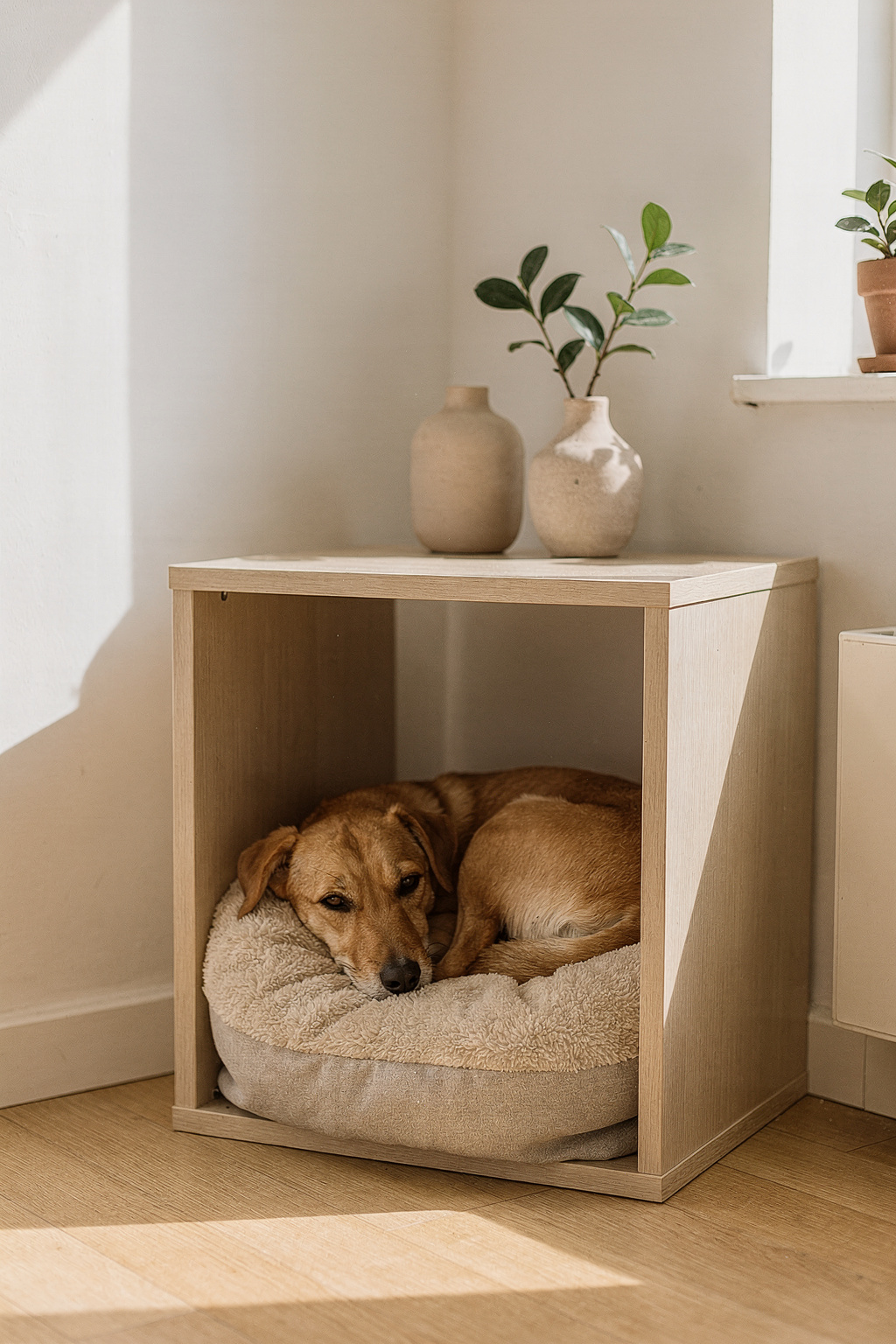 Ein umgebautes IKEA Kallax Regal dient als gemütliches Hundebett in einem hellen Wohnzimmer.