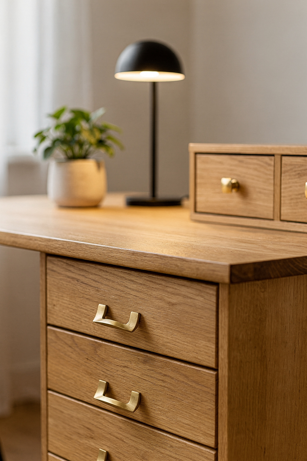 Ein IKEA Schreibtisch mit individuell angebrachten Griffen und Schubladen als DIY Hack für mehr Stauraum.