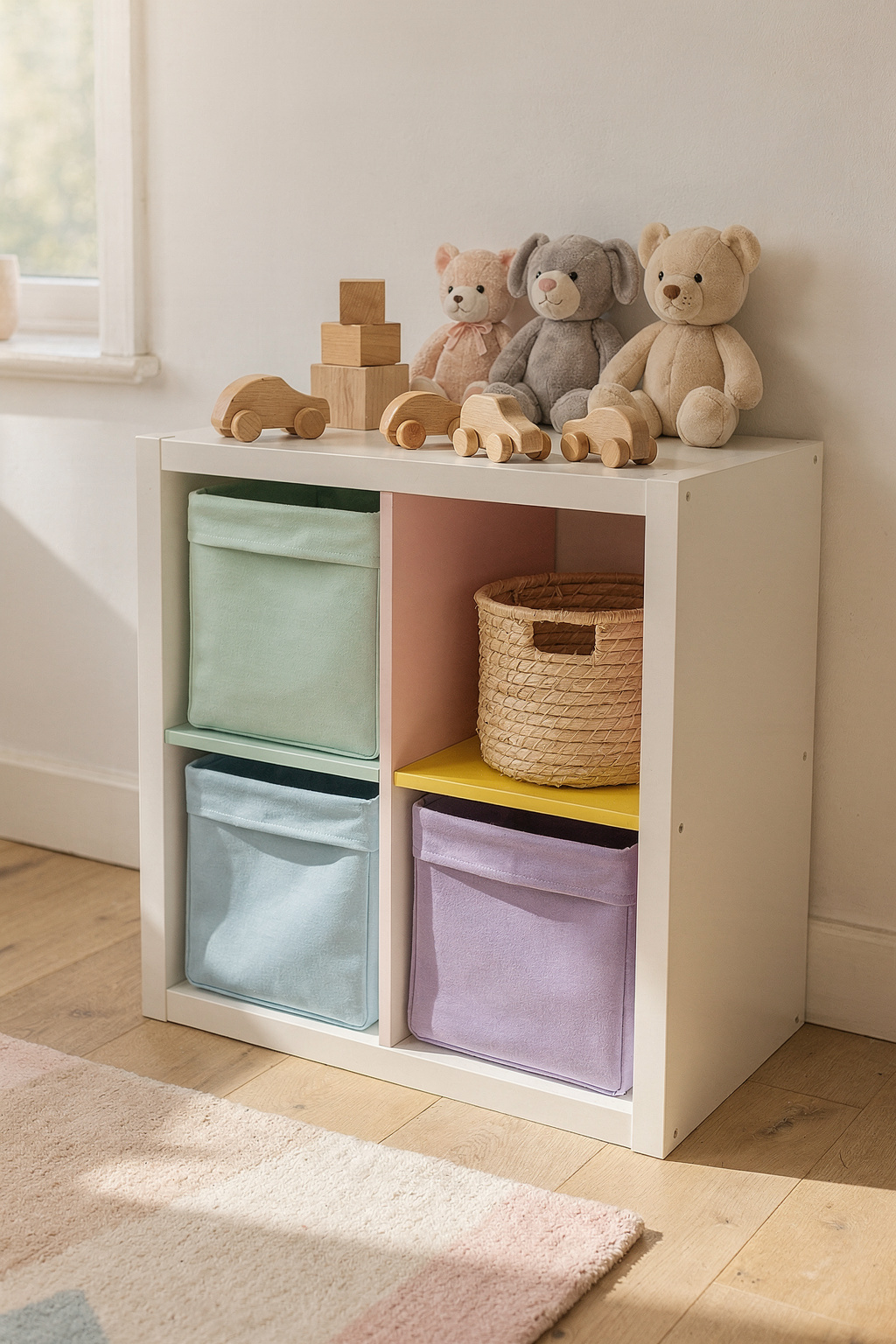 Ein buntes Kinderzimmer mit einem angepassten IKEA Kallax Regal als Spielzeugaufbewahrung in Pastellfarben.