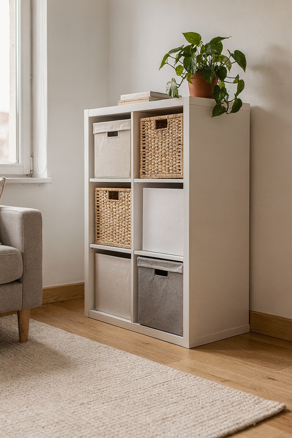 Ein KALLAX Regal dient als Raumteiler in einer kleinen Wohnung. Körbe und Boxen sorgen für Ordnung.
