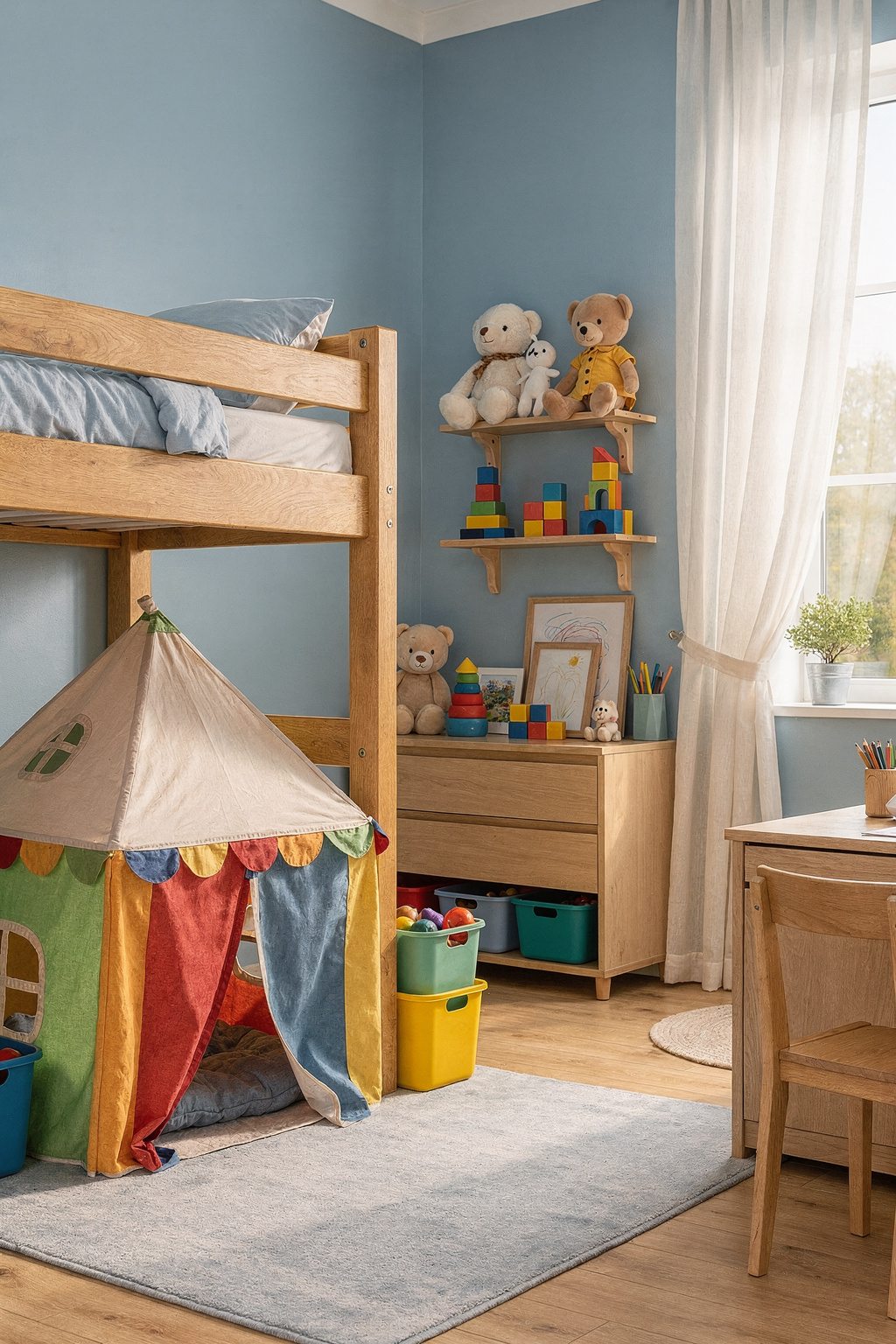 Ein helles Kinderzimmer für Jungen mit Hochbett aus Holz und einer Spielecke darunter.