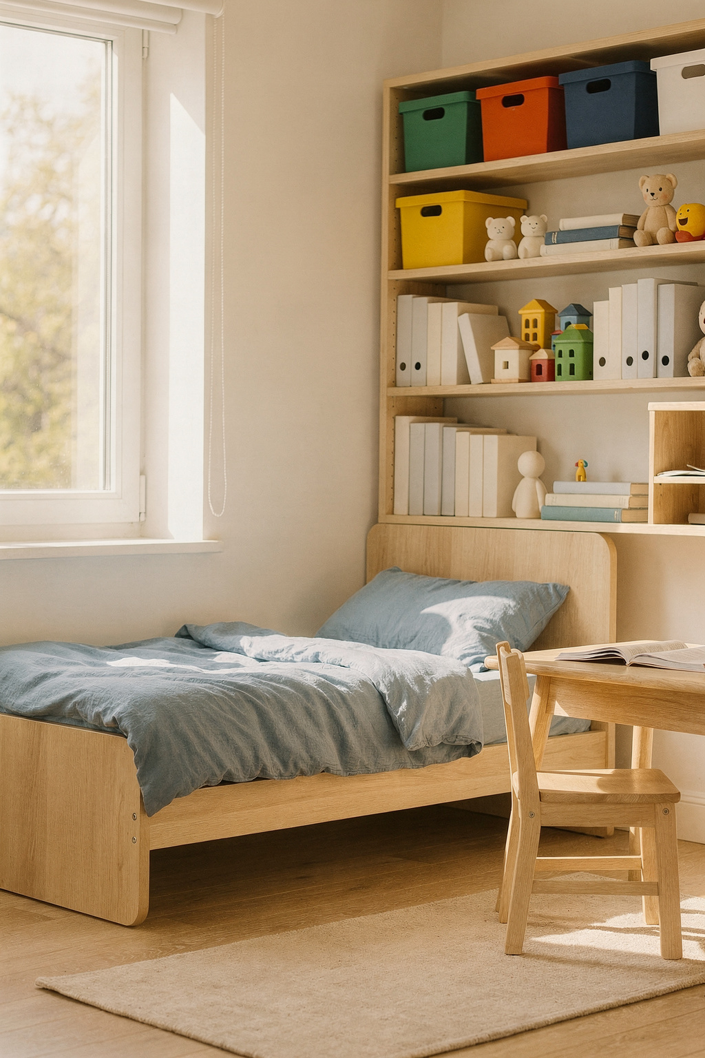 Kinderzimmer für Jungs mit bunten offenen Regalen und übersichtlich sortierten Spielsachen.
