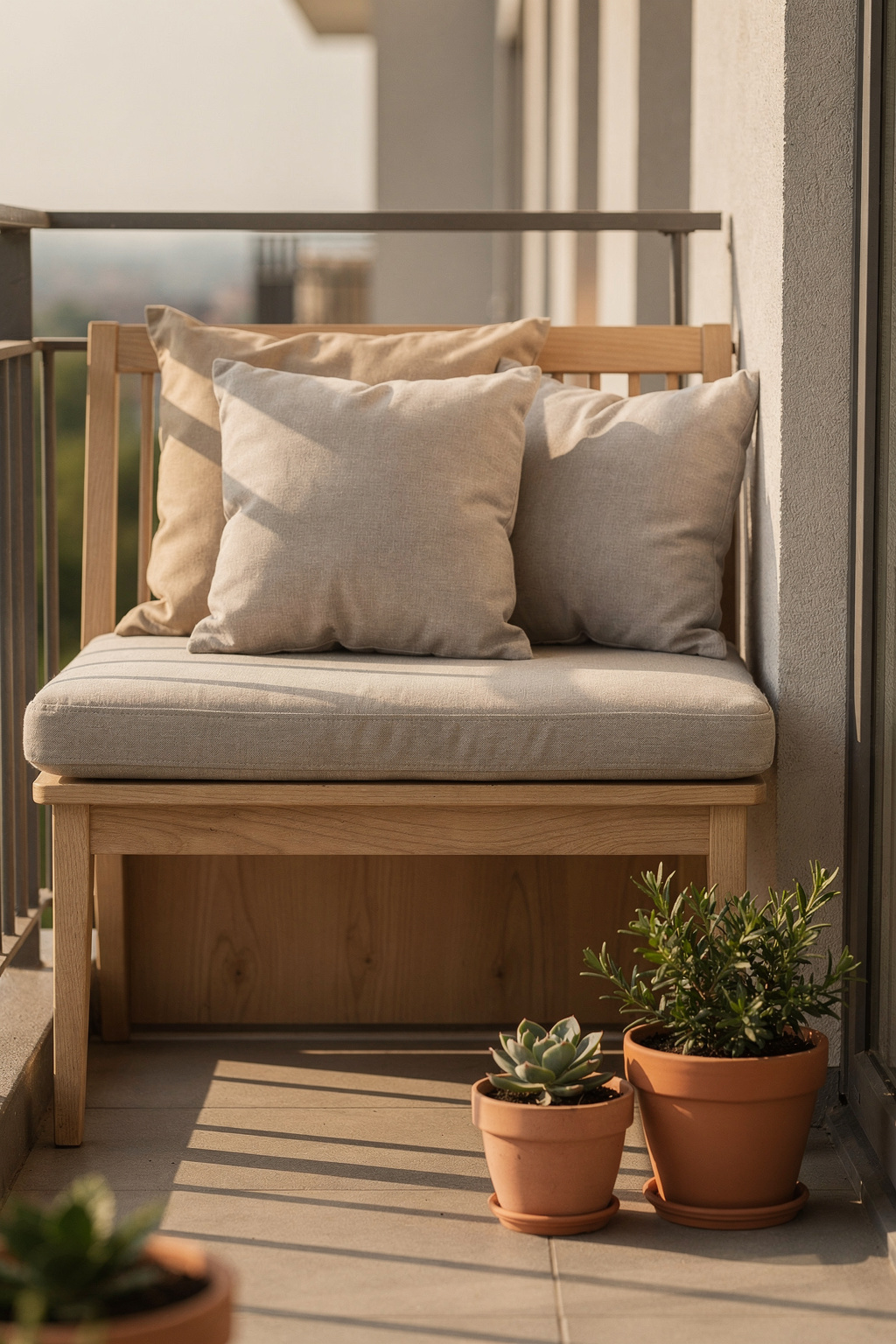 Kleine Holzbank auf einem schmalen Balkon mit Kissen und Topfpflanzen im skandinavischen Stil.