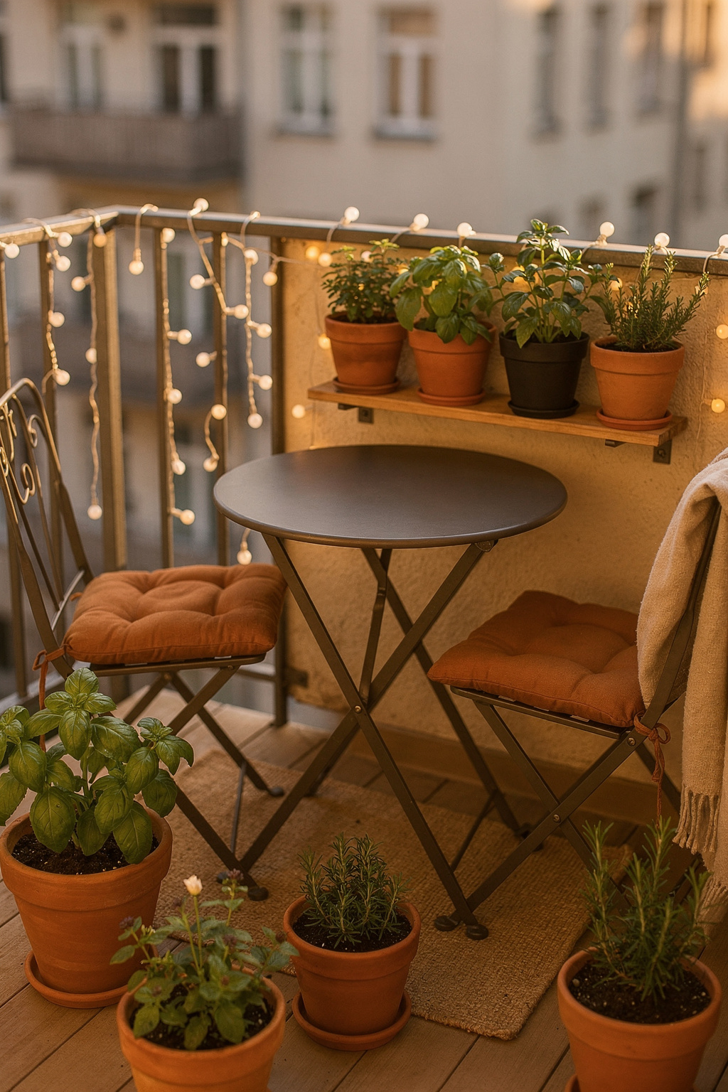 Ein kleiner Balkon mit Bistrotisch und zwei Stühlen sowie Lichterkette an der Brüstung.