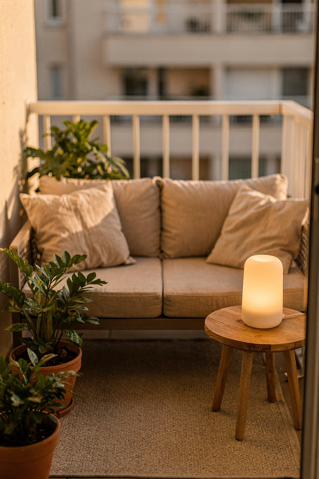 Ein kleiner Balkon mit Lounge Feeling, gestaltet mit günstigen Möbeln und Pflanzen.