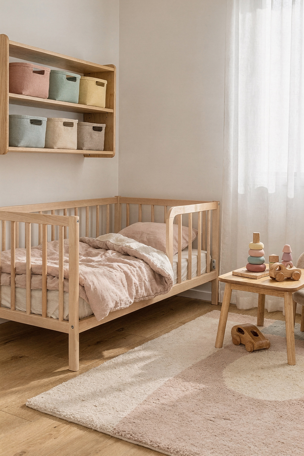Helles Kleinkindzimmer mit niedrigem Holzbett, bunten Körben und einer weichen Spielecke.