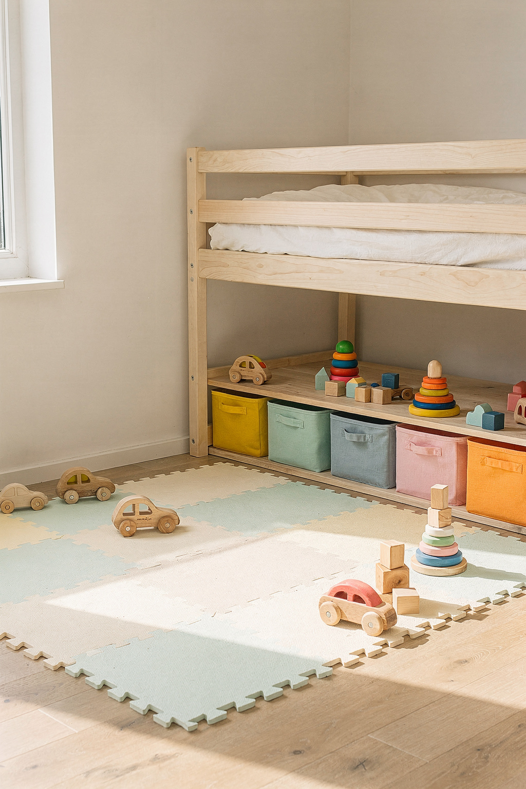 Kinderzimmer mit platzsparendem Hochbett, bunten Aufbewahrungskisten und spielfreundlichem Boden.