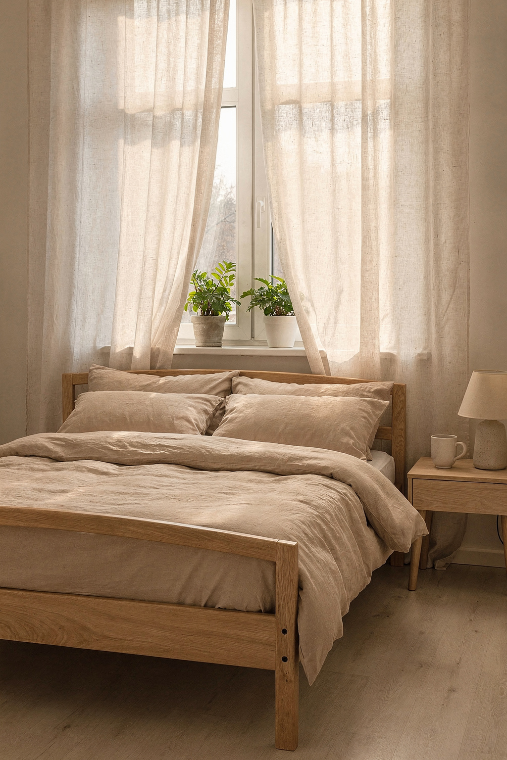 Ein Bett steht direkt vor einem großen Fenster mit transparenten Vorhängen, natürliches Licht fällt auf die Bettwäsche.