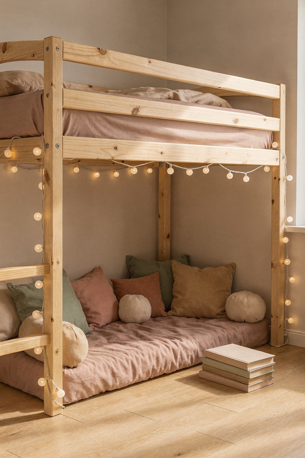 Ein IKEA Kura Hochbett mit einer gemütlichen Leseecke darunter, dekoriert mit Lichterketten und Kissen.