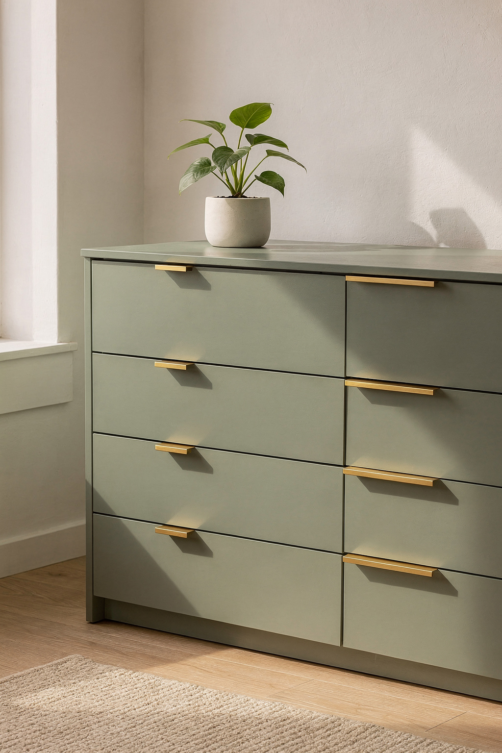 Eine in Salbeigrün gestrichene IKEA MALM Kommode mit goldenen Griffen steht in einem hellen Schlafzimmer.
