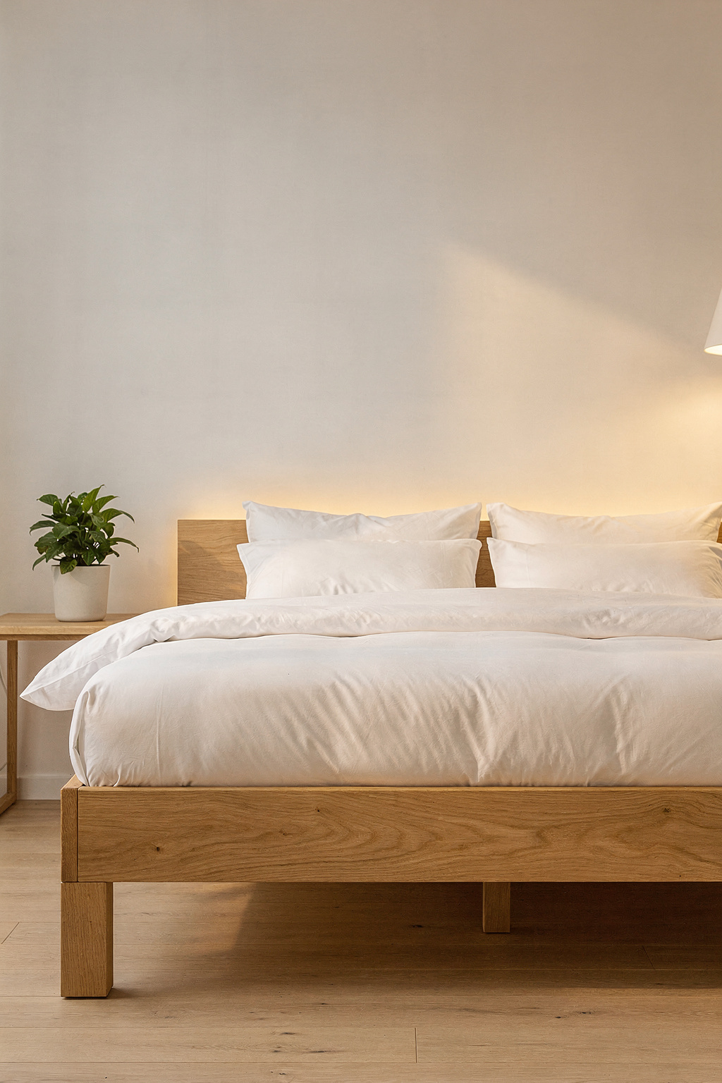 Ein IKEA MALM Bett mit selbst gebauten Holzbeinen und Bettkasten in einem aufgeräumten Schlafzimmer.